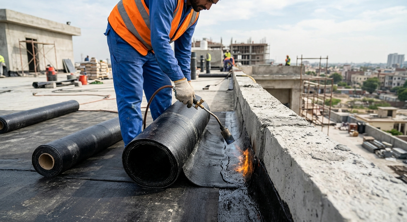 Technician using a professional roller to apply a thick liquid chemical waterproofing membrane over a concrete structure joint