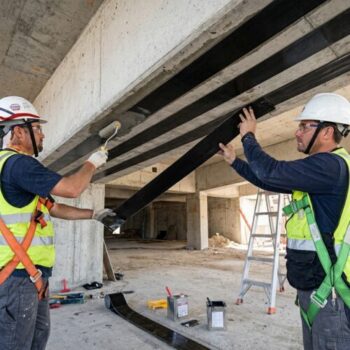 High-modulus CFRP strips bonded to the underside of a sagging industrial concrete slab floor using structural adhesive.