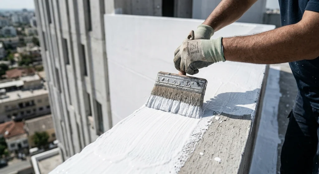 Application of dual-action white heat-reflective acrylic waterproofing coating on building exterior walls