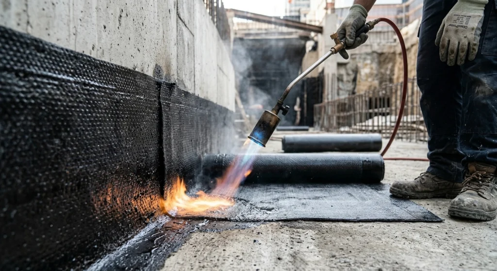 Engineering crew installing heavy-duty bituminous torch-on membrane for deep structural foundation protection in Pakistan.