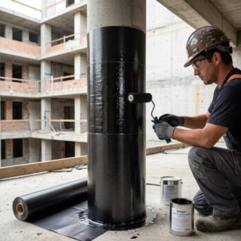 A construction worker applying structural epoxy resin over a black, textured CFRP wrap fabric wrapped around a concrete column at a commercial site.