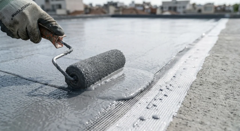 liquid applied waterproofing membrane applied seamlessly across a flat concrete roof slab.