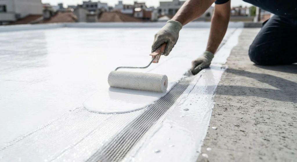 Premium elastomeric polyurethane liquid coating applied to an exposed commercial rooftop deck for UV protection.