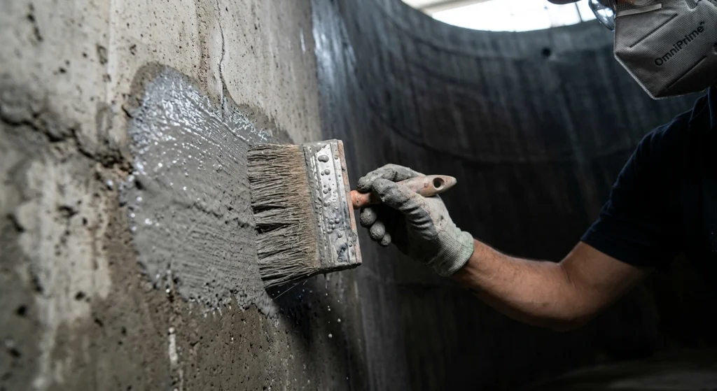 Professional application of two-component cementitious waterproofing slurry inside a concrete underground water tank in Pakistan.